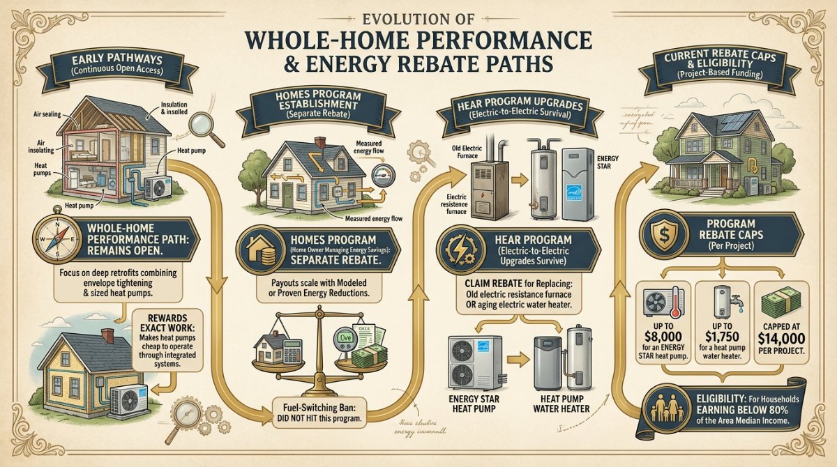 Infographic: Timeline Historical - The whole-home performance path remains open. The HOMES program (Home Owner Managing Energy Savings) is a separate rebate where payouts scale with mod