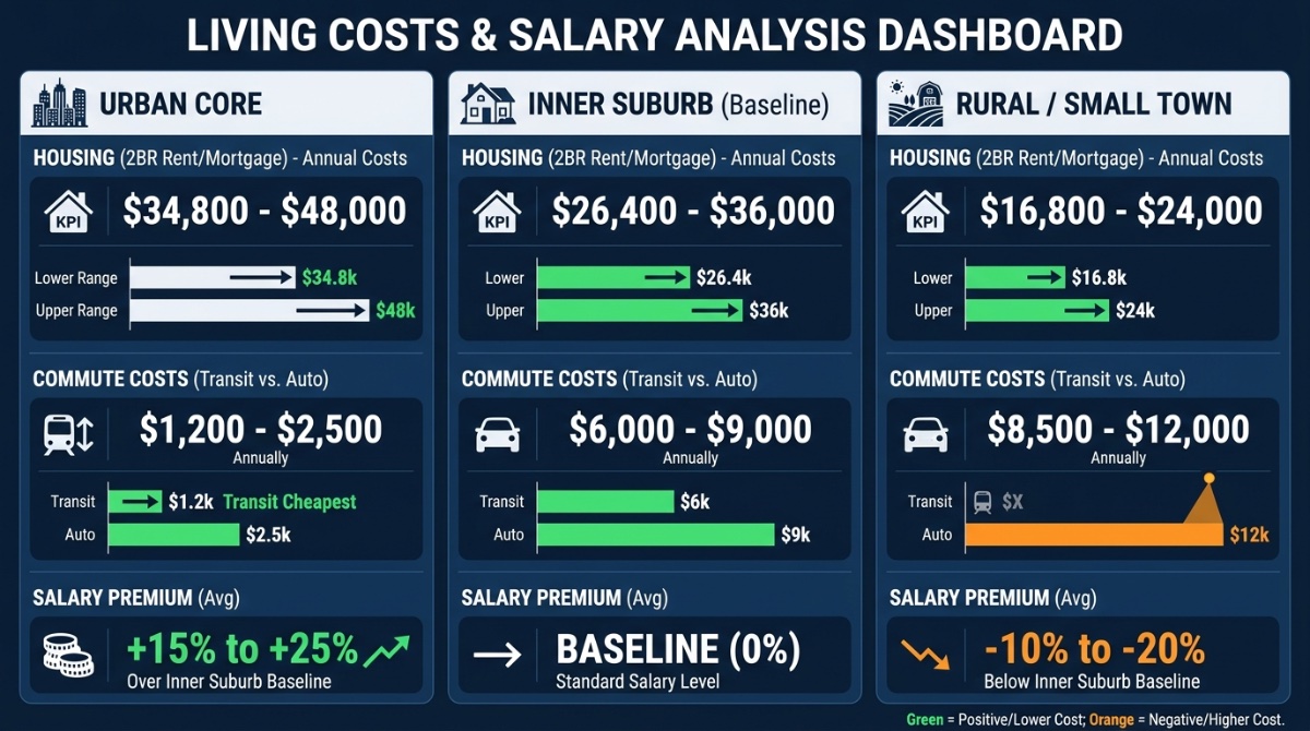 Infographic: Data Visualization - Housing (2BR Rent/Mortgage): Annual housing costs are highest in the Urban Core, ranging from $34,800 to $48,000. The Inner Suburb is moderately price