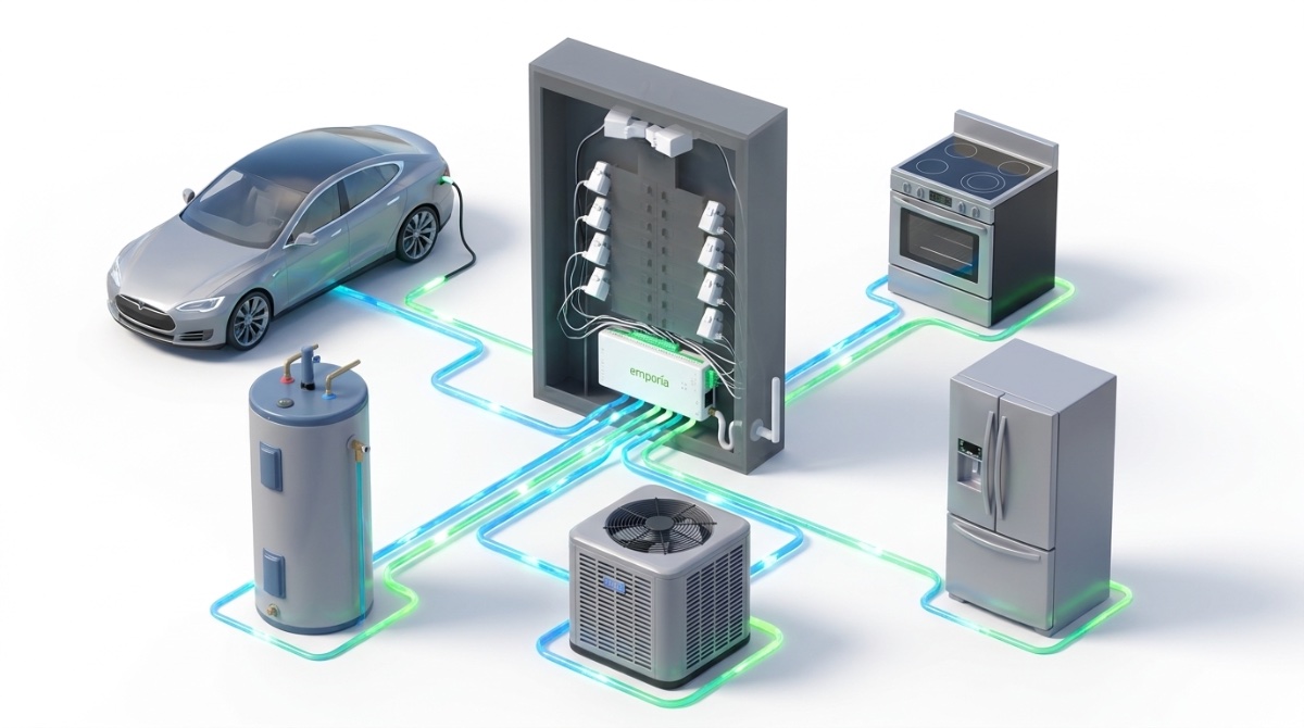 3D isometric render of a modern electrical breaker box with an Emporia Vue energy monitoring device installed inside, glowing conceptual energy lines radiating outward connecting to stylized 3D applia