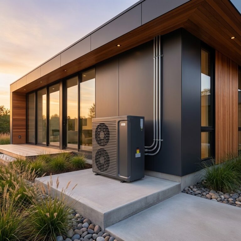 Hyper-realistic wide-angle architectural photograph of a sleek modern minimalist house with a low-profile gray exterior heat pump unit installed on a clean poured-concrete pad against the foundation,