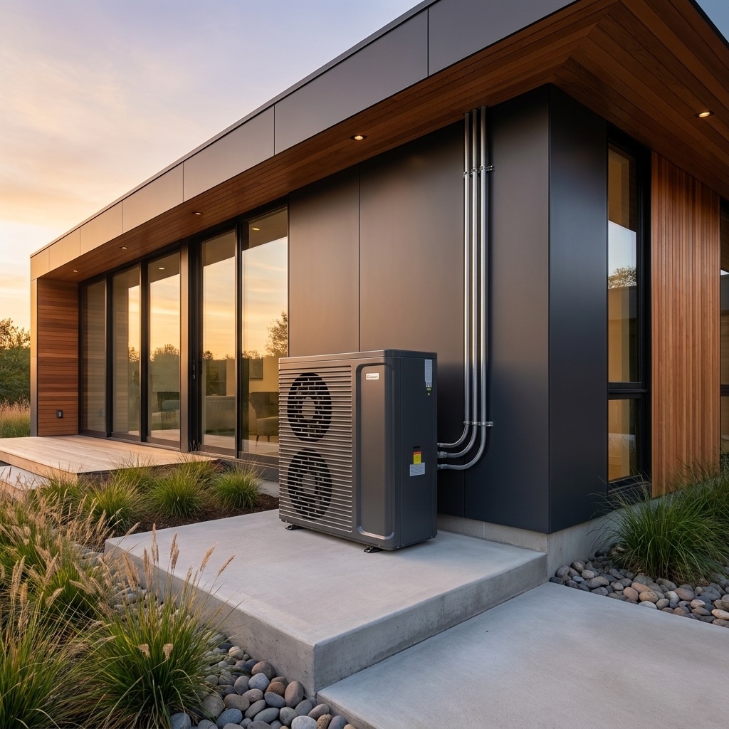 Hyper-realistic wide-angle architectural photograph of a sleek modern minimalist house with a low-profile gray exterior heat pump unit installed on a clean poured-concrete pad against the foundation,