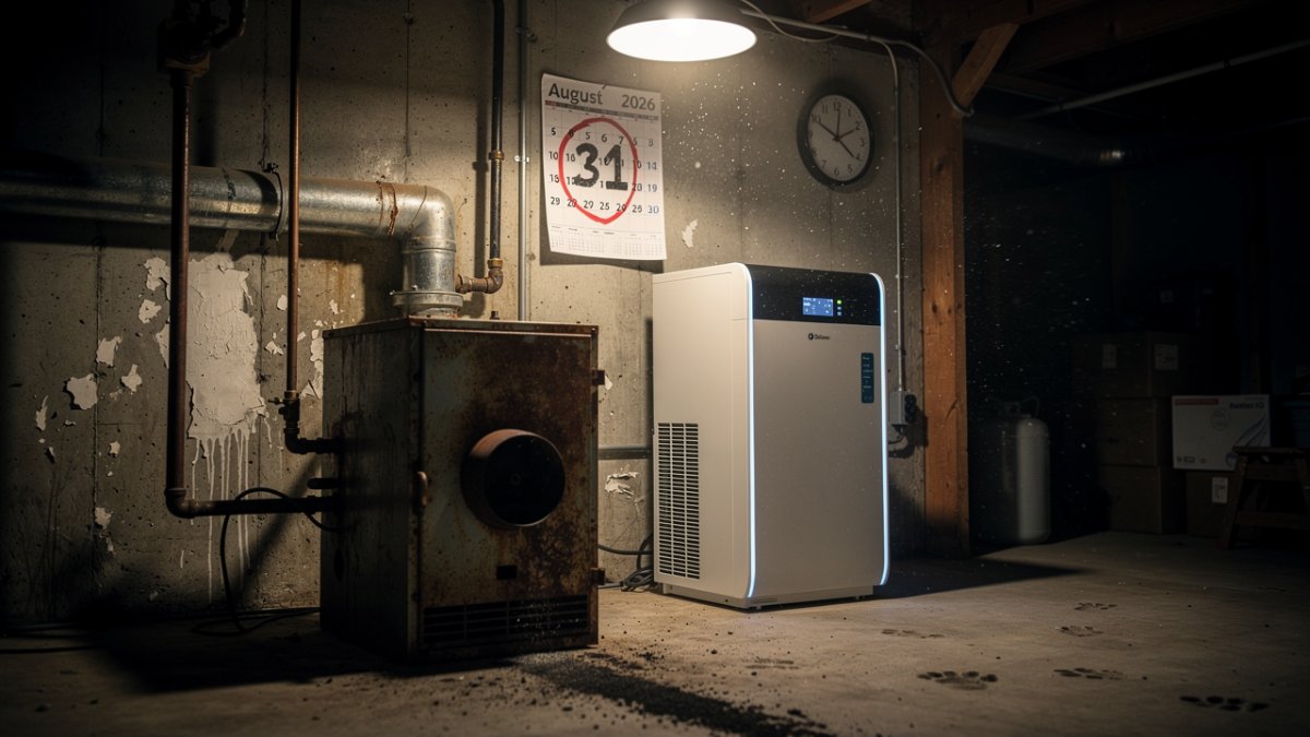 Cinematic photorealistic image, 35mm photography, dramatic lighting. A vintage, slightly rusted gas furnace sits in the foreground, its pilot light extinguished, casting a long shadow. Behind it, a sl