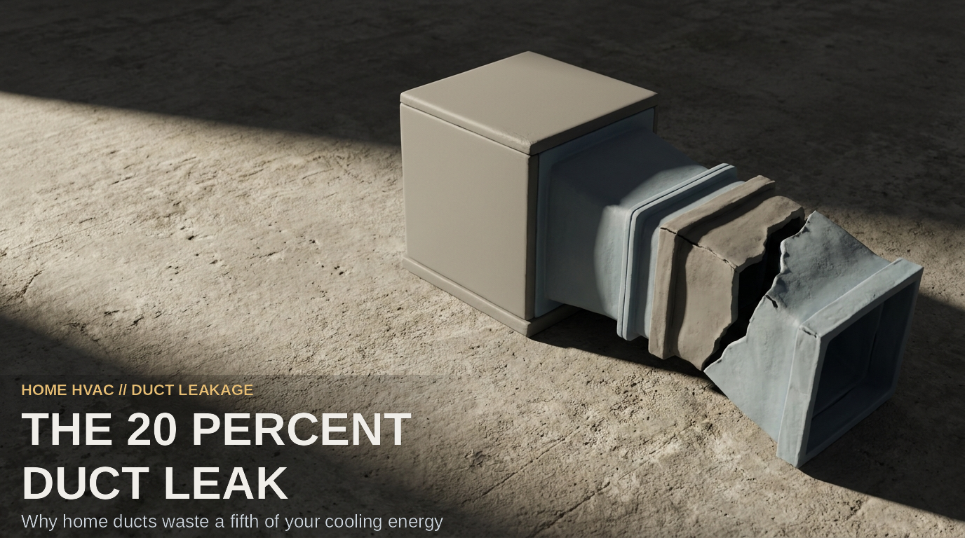 The 20 Percent Duct Leak. A matte clay mechanical assembly of a pristine AC condenser connected to a fractured ventilation