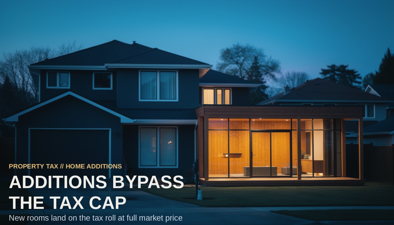 Additions Bypass The Tax Cap. A dark suburban house at dusk attached to a brightly illuminated newly built wing.