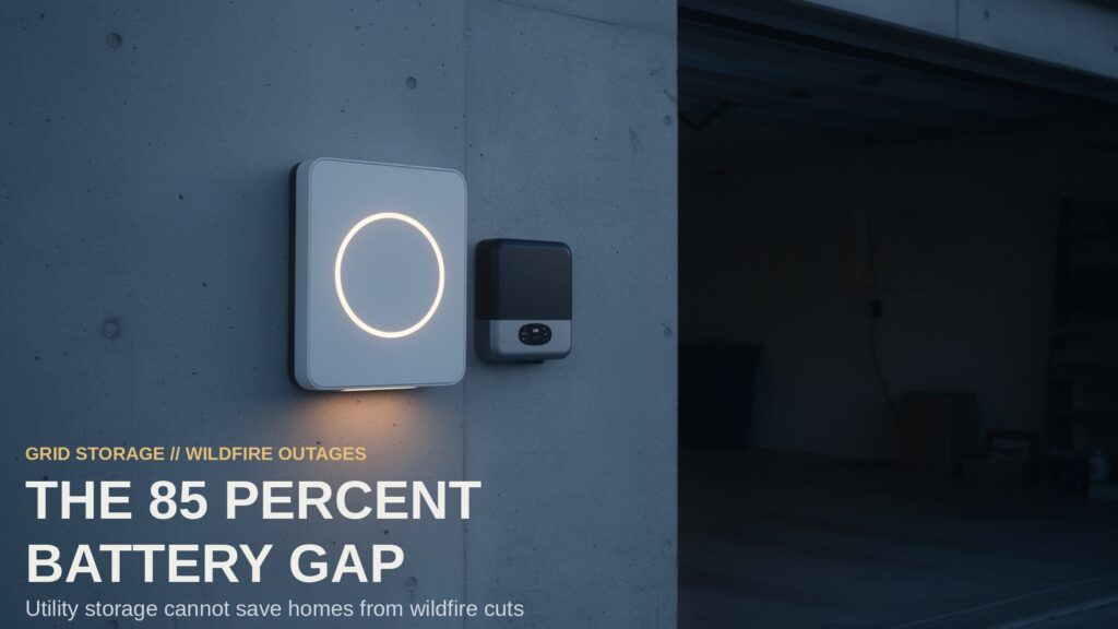 A wall-mounted home battery with a glowing light ring on a concrete garage wall, beside a small black control box.
