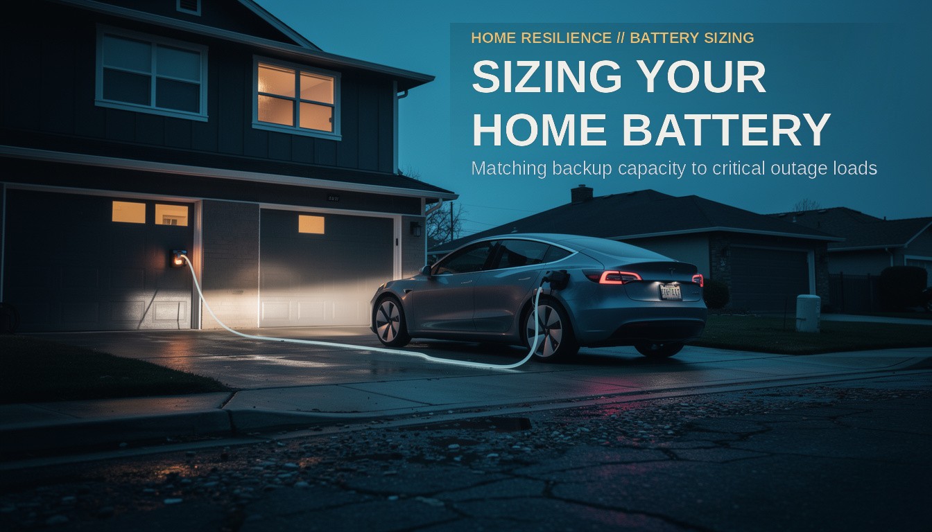 Sizing Your Home Battery. An electric vehicle powering specific glowing windows of a dark house via a heavy-duty charging cab