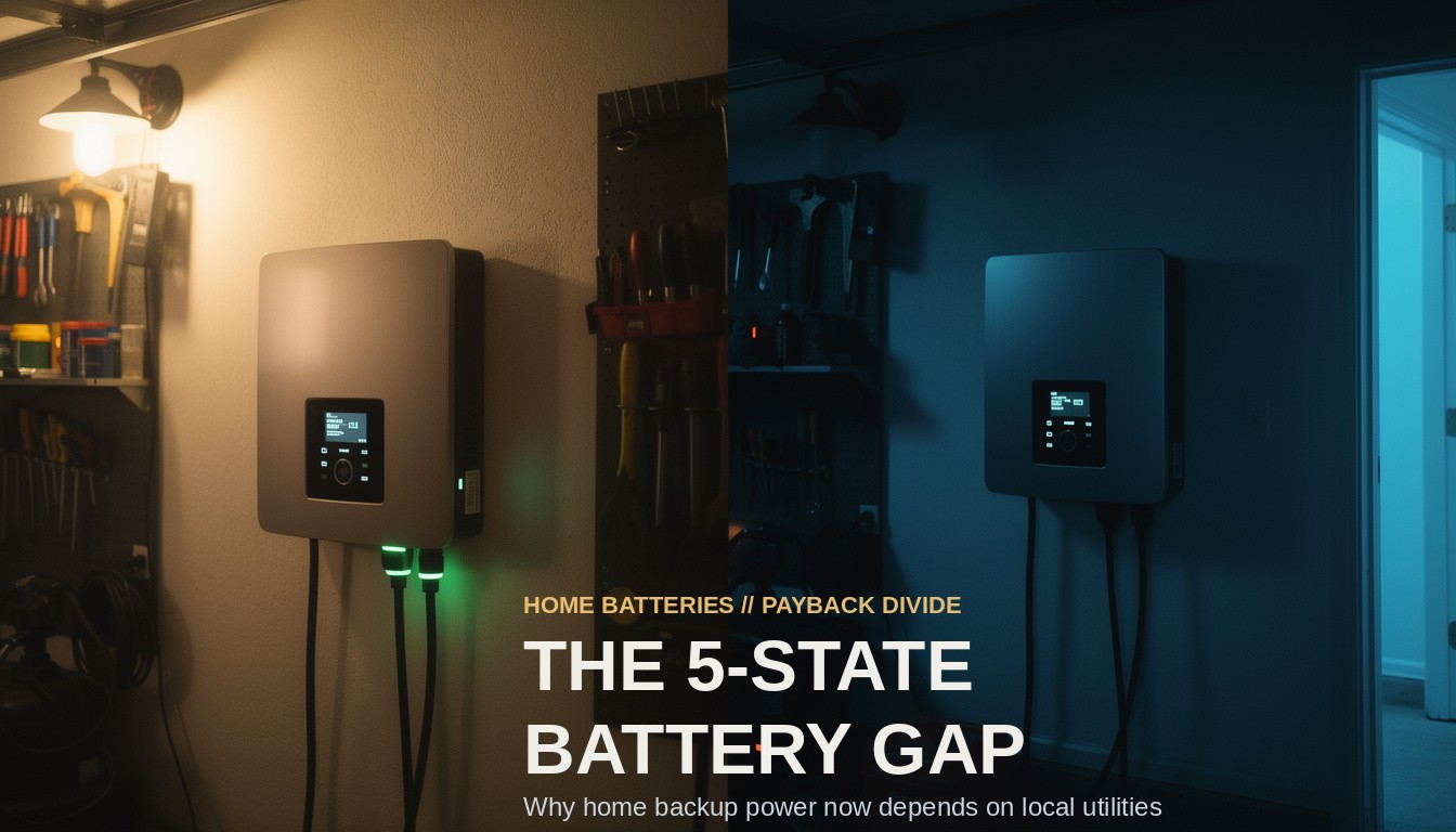 The 5-State Battery Gap. Two identical home battery units shown in a split screen, one brightly lit and the other in deep sha