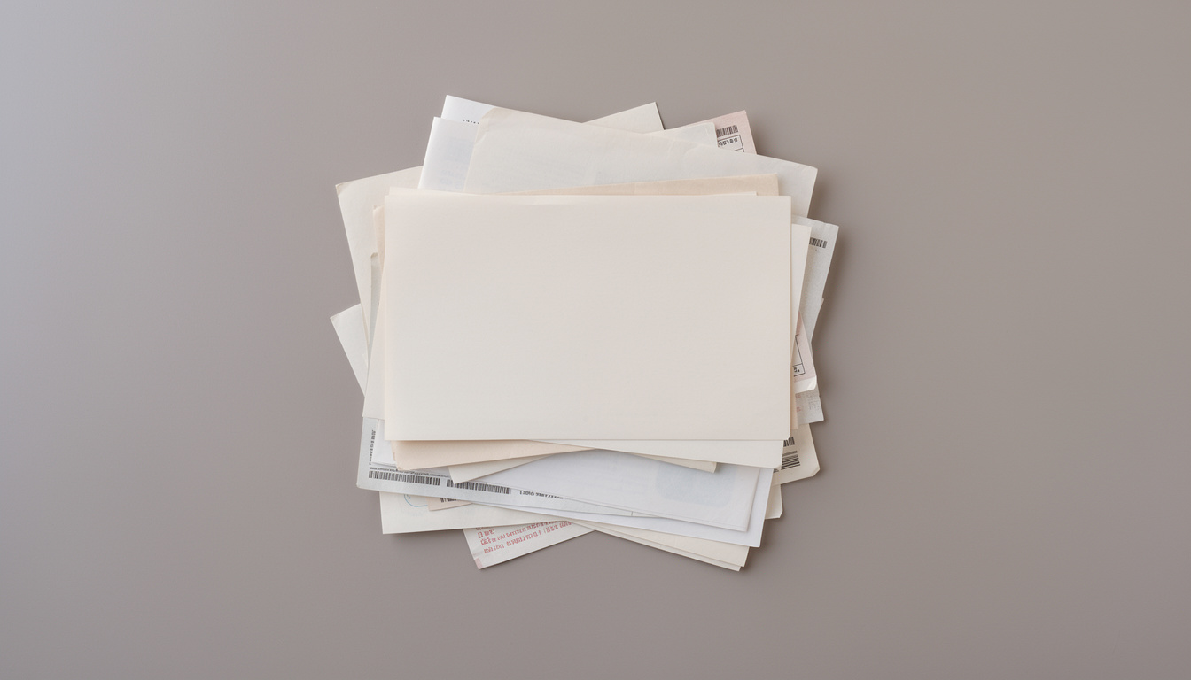 Overhead view of slightly misaligned, blank regulatory paper documents on a plain desk.