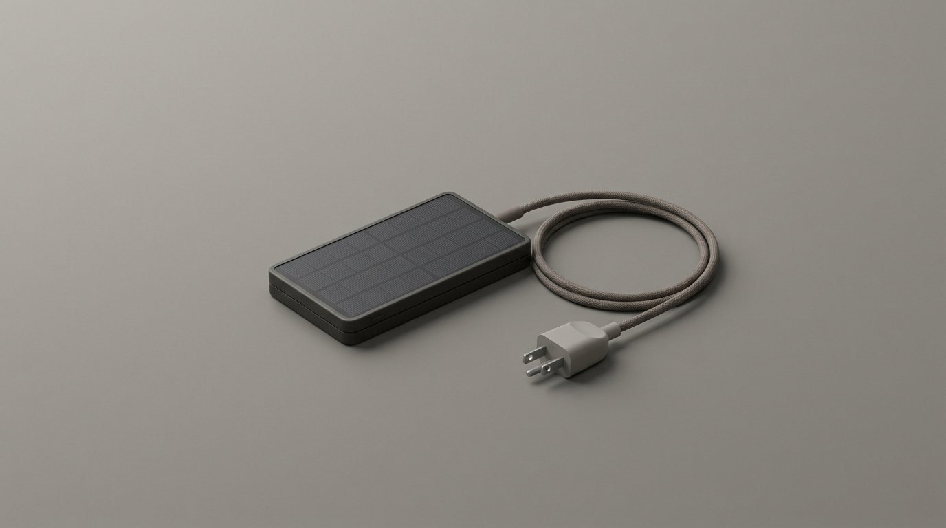 A small modular solar panel connected to a standard wall plug on a plain surface.