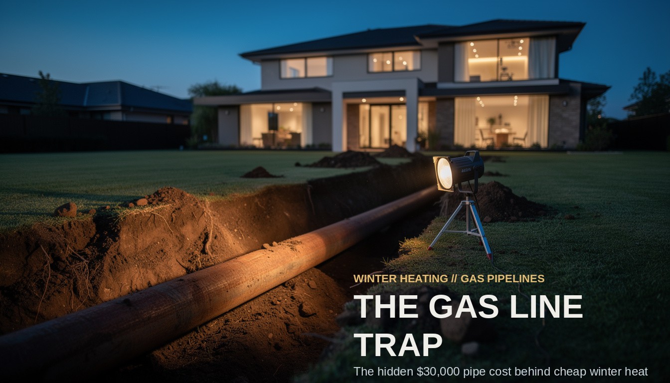 The Gas Line Trap. An excavated trench in a dark lawn exposes a heavy utility pipe, with a warmly lit house in the background