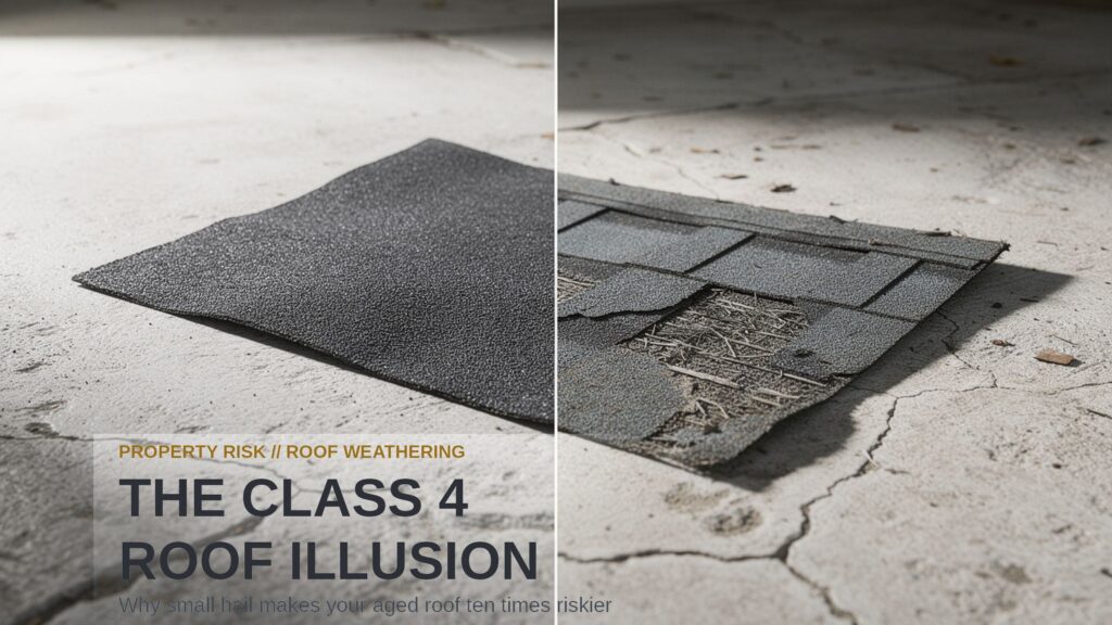 The Class 4 Roof Illusion. A split-screen comparison of a brand-new asphalt roof shingle and a severely weathered, cracked shingle resting