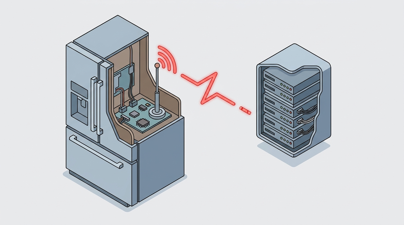 Isometric cutaway of a refrigerator's internal smart control board disconnected from a remote server module.