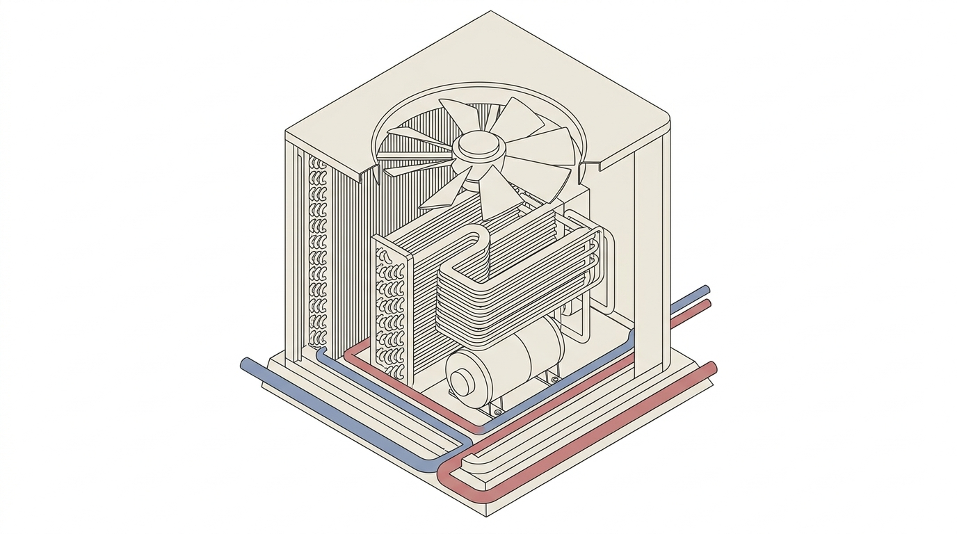 Isometric cutaway of a heat pump unit showing internal components and two opposing tracks.