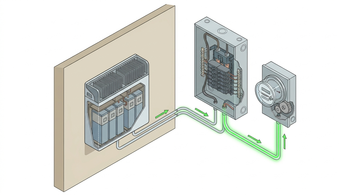 Isometric diagram of a wall-mounted home battery unit wired to an electrical panel and utility meter.