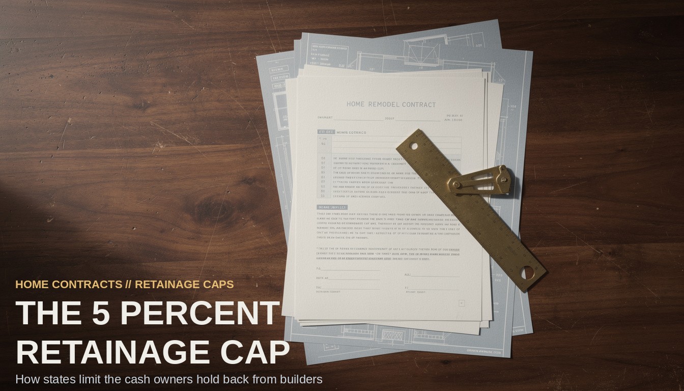 The 5 Percent Retainage Cap. A construction contract on a wooden desk held down by a heavy brass architect's scale.