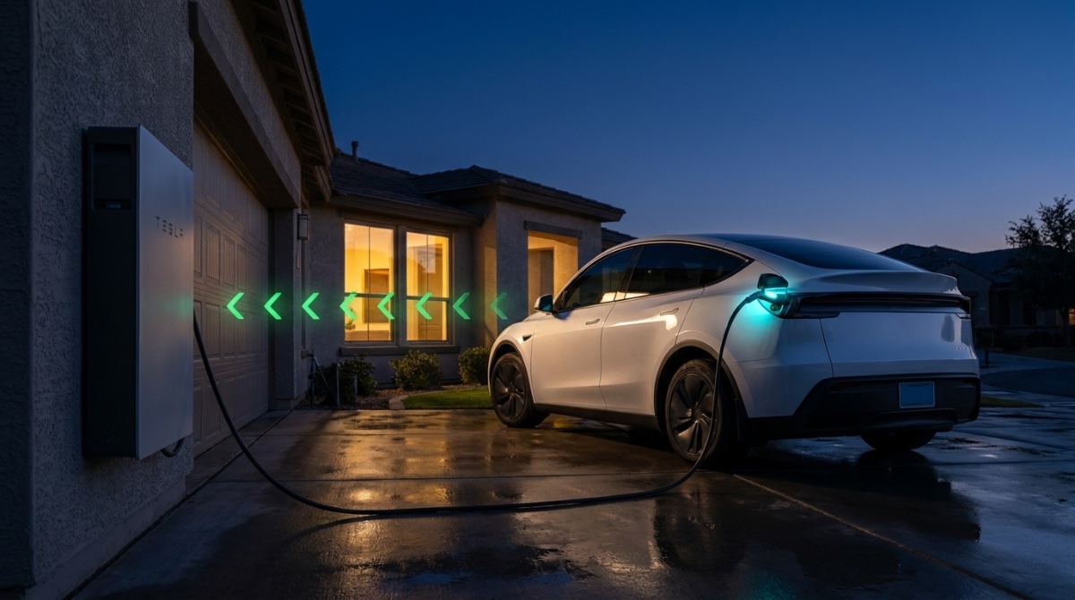 Electric crossover in driveway at dusk, charge port glowing, wall battery on garage wall behind.