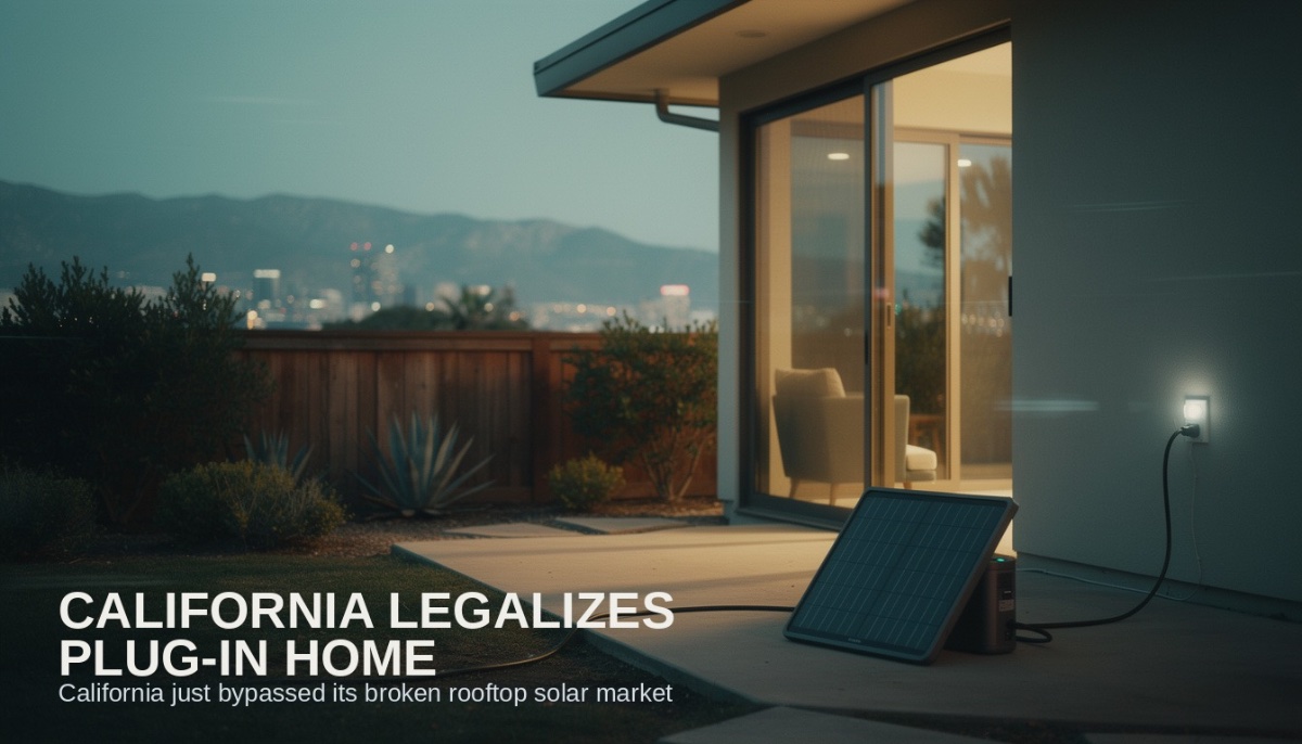 Plug-in solar panel propped on a balcony railing at dusk, cable running indoors to a glowing wall outlet