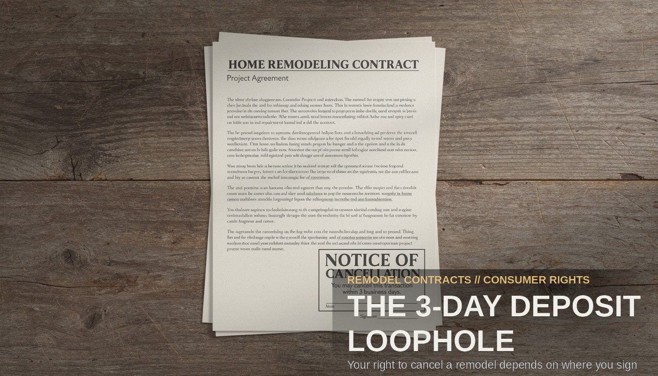 The 3-DAY Deposit Loophole. Overhead flat-lay of a remodeling contract on a wooden kitchen table, its signature block and cancellation notice in plain view.