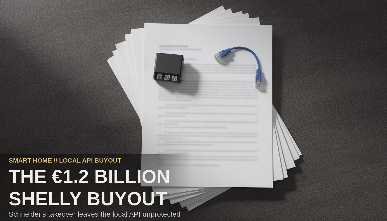The €1.2 Billion Shelly Buyout. A smart home relay module sitting on top of a thick stack of corporate legal documents on a d