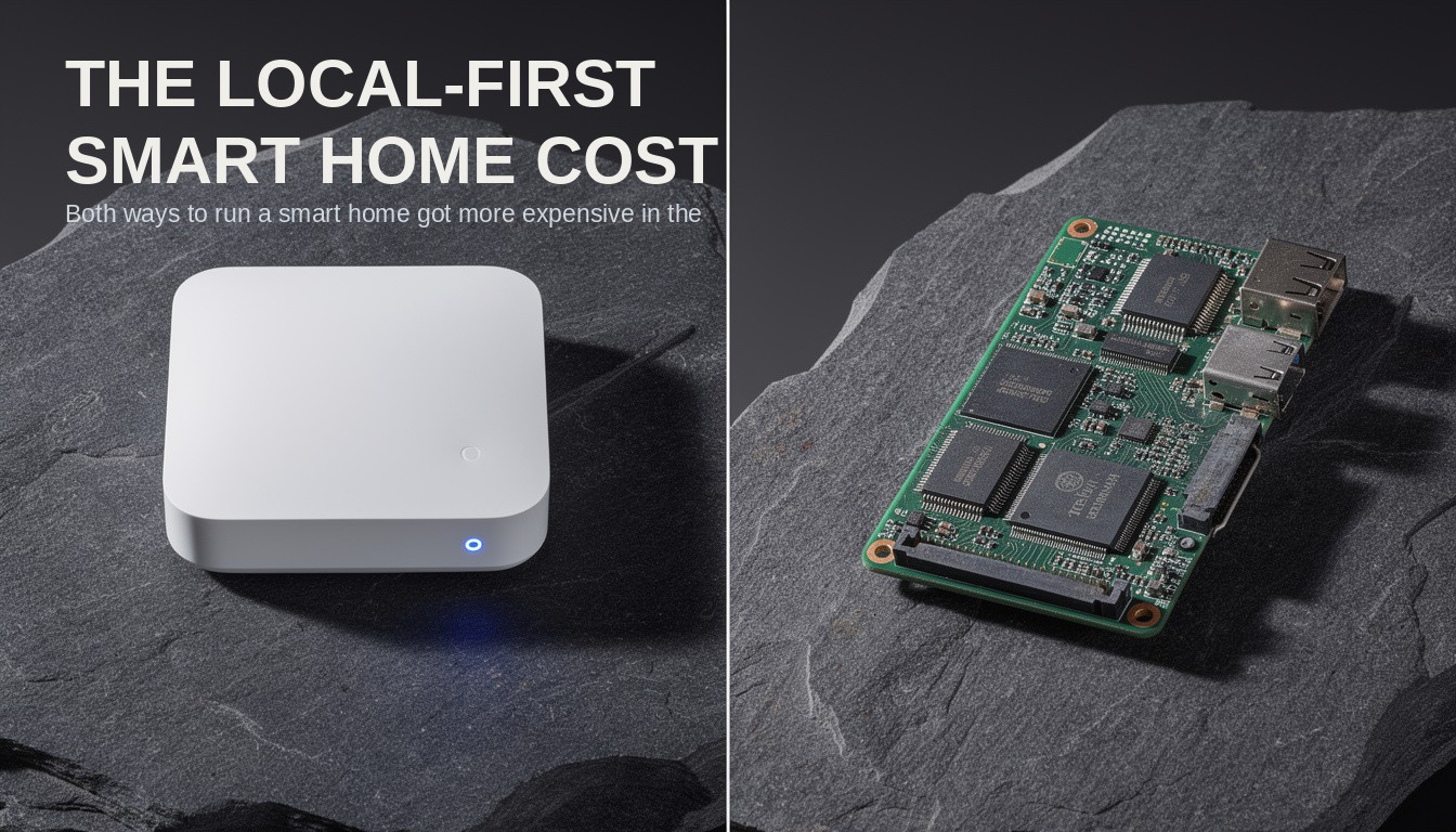 The Local-First Smart Home Cost. Split-screen diptych of a matte white smart home hub and a raw silicon compute board on dark