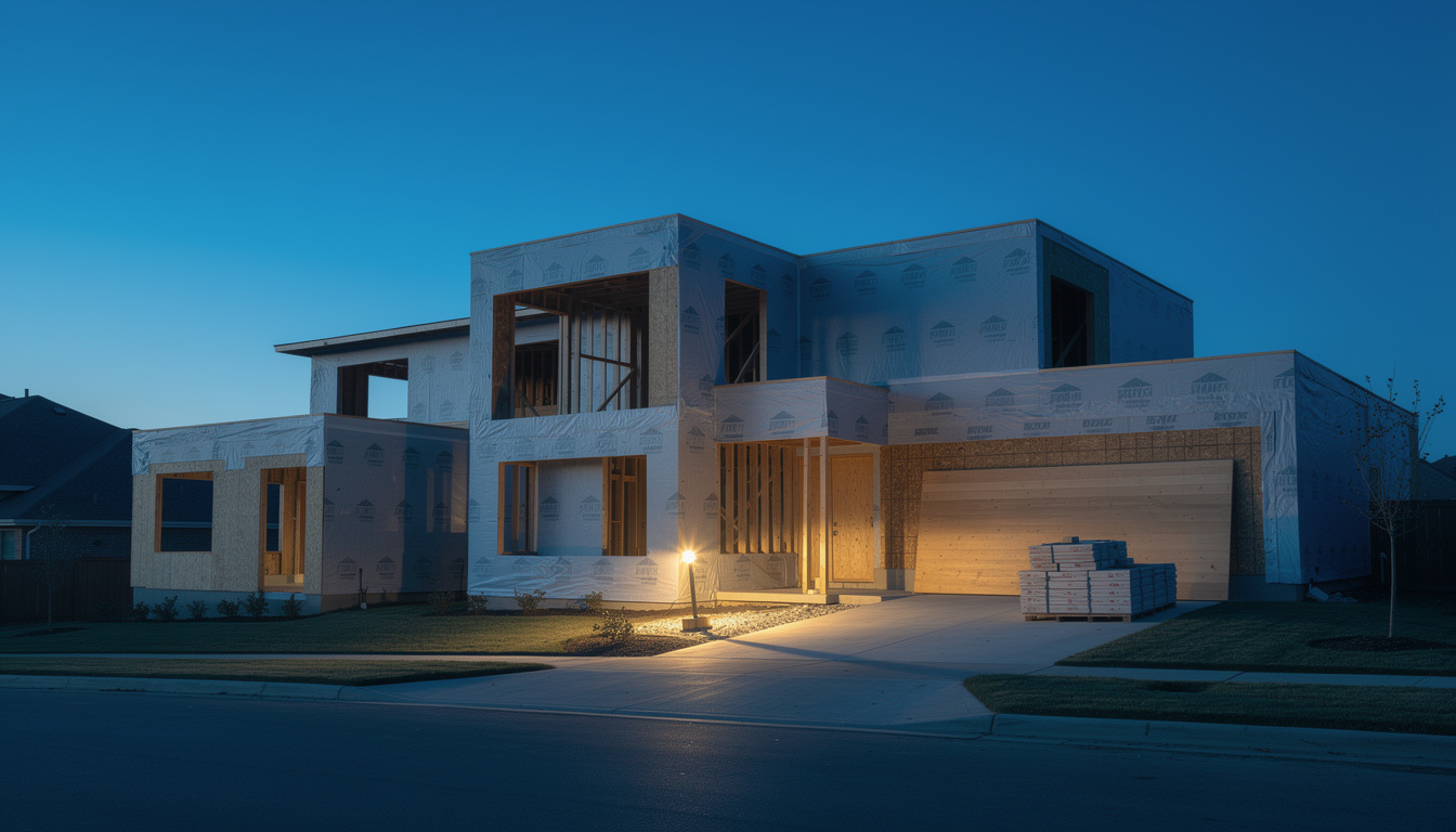 Suburban home under exterior renovation at dusk illuminated by a single amber worklight.