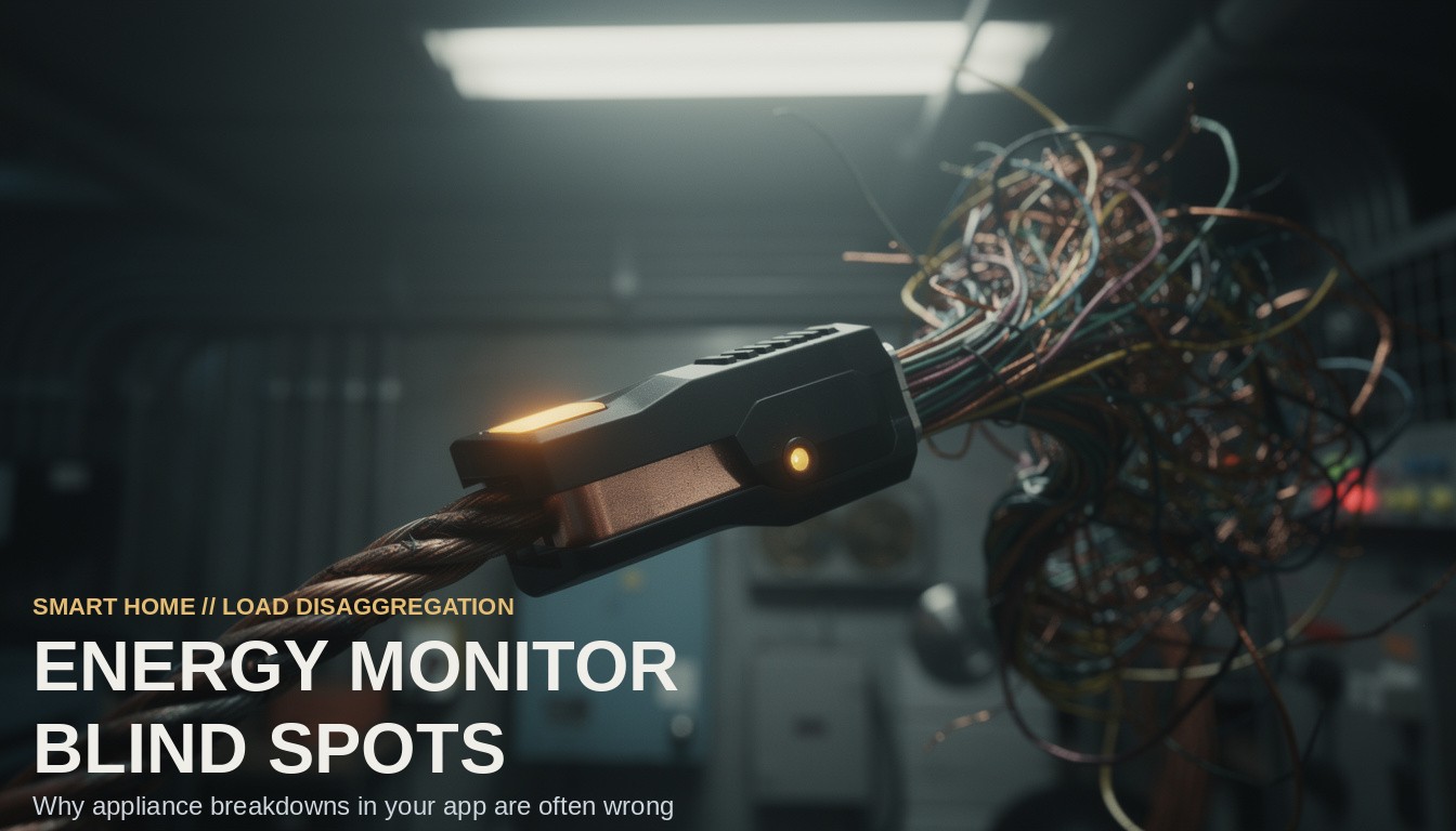 Energy Monitor Blind Spots. An electrical wire with a sensor clamp fraying into a messy tangle in shadow.