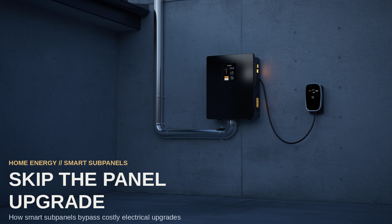 Skip The Panel Upgrade. Illuminated smart electrical subpanel mounted on a concrete garage wall at night.