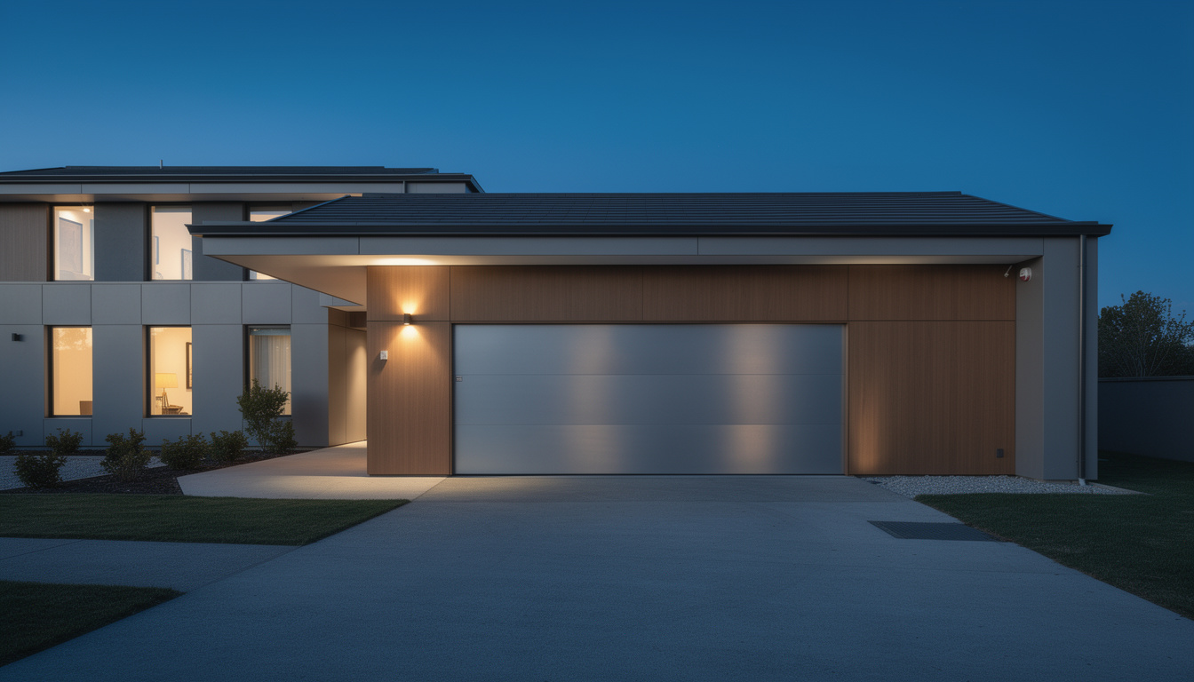 Modern residential garage door illuminated warmly on a dark sleek home facade at twilight.