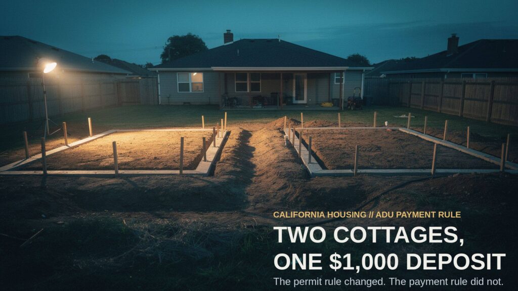 Two foundation layouts marked by wooden stakes and shallow trenches in a residential backyard at dusk, lit by one site lamp.