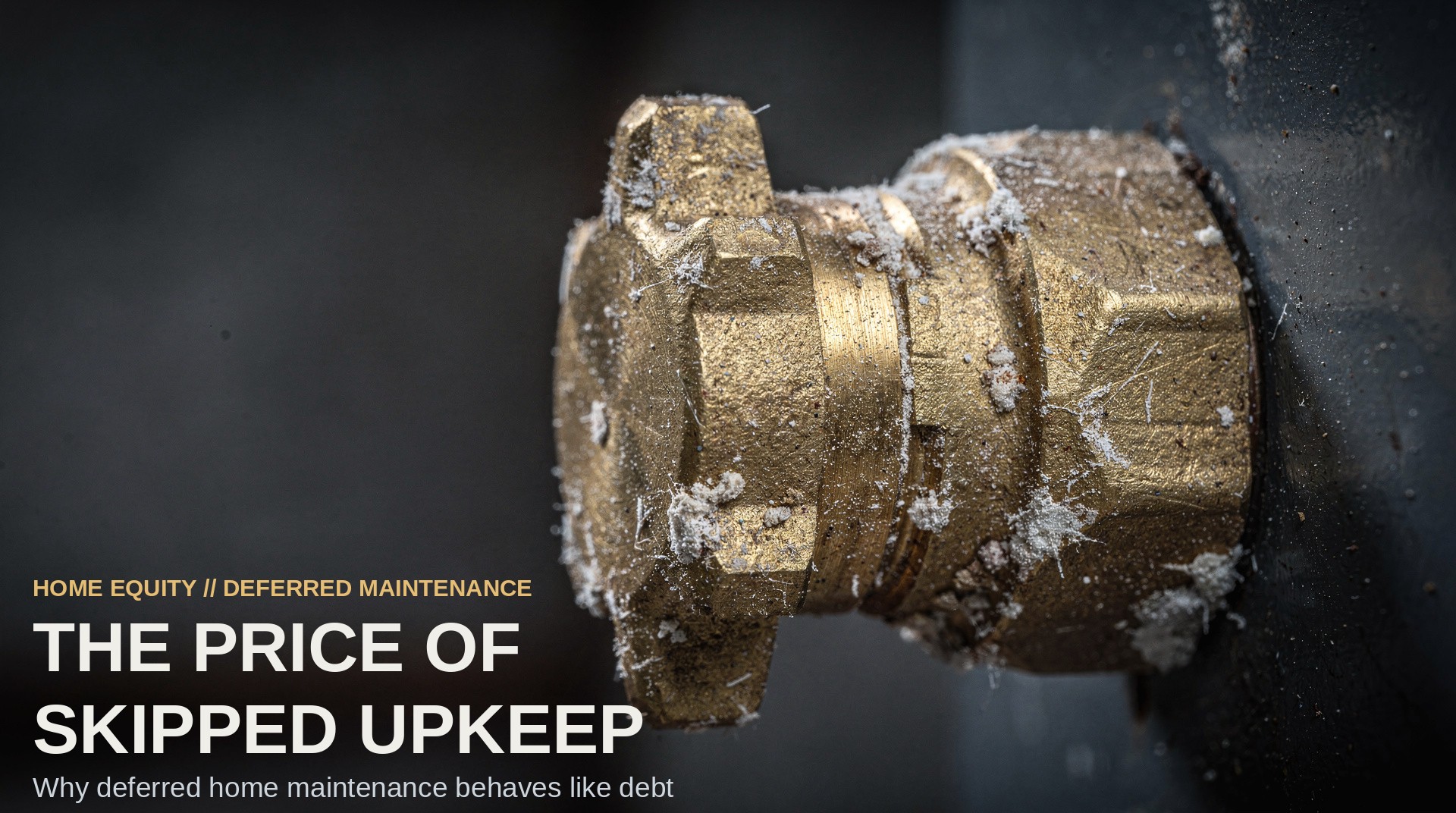 The Price Of Skipped Upkeep. A calcified brass pressure relief valve on an aging water heater in extreme close-up.