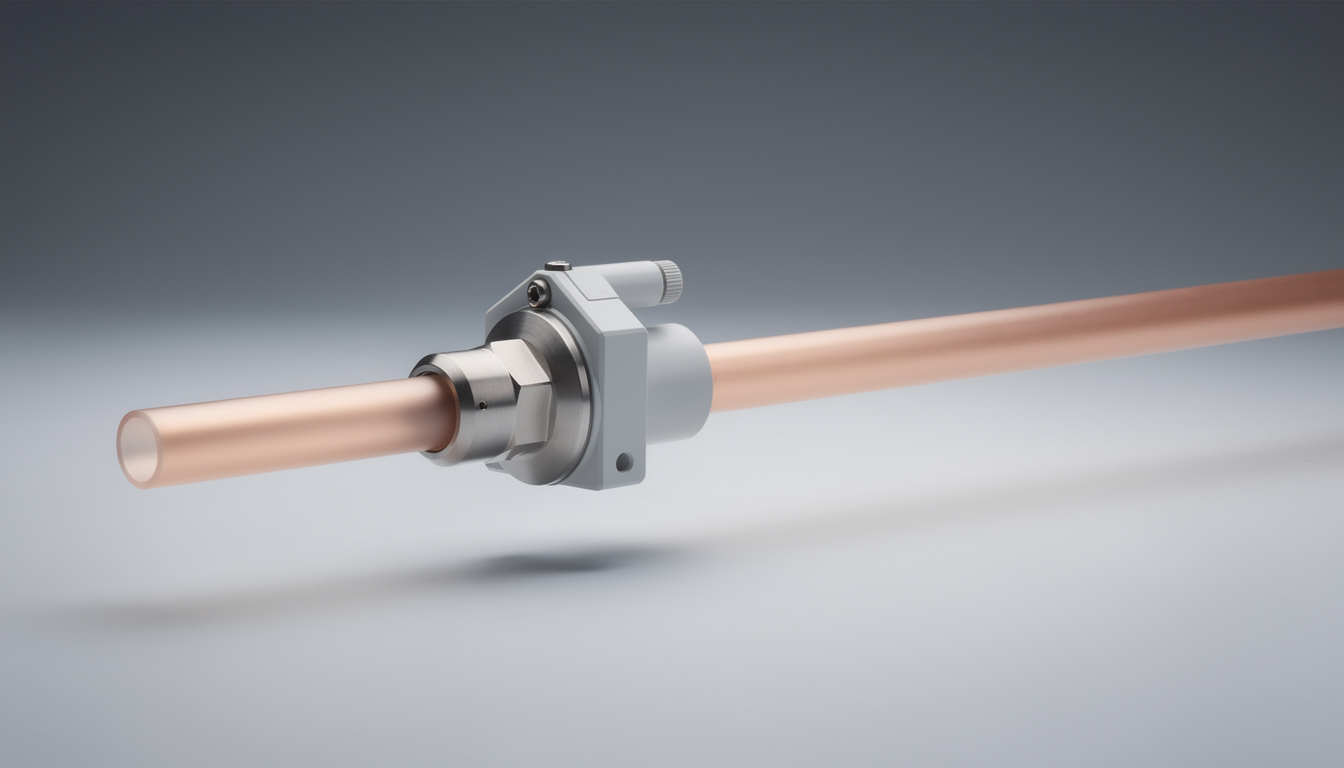 An inline water flow sensor module attached to a section of copper tubing against a smooth grey gradient.