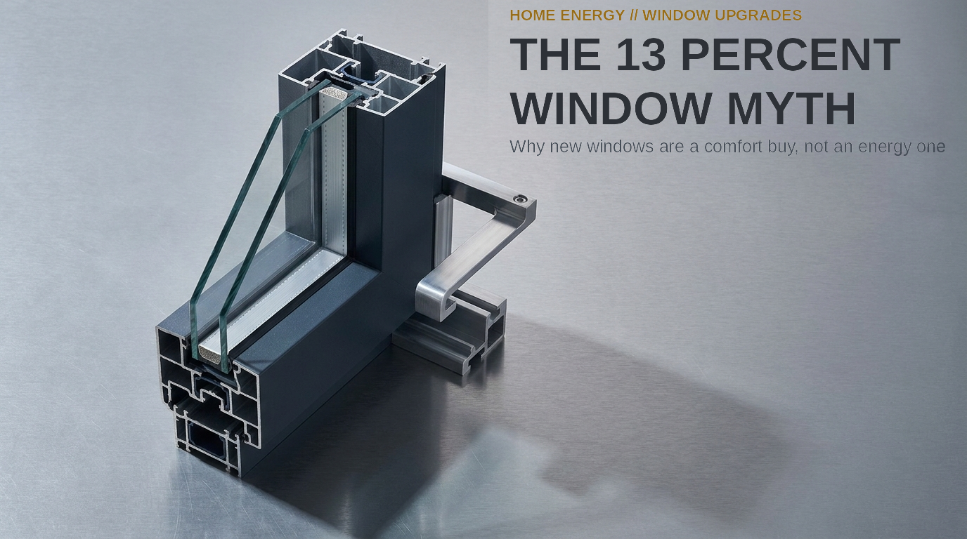 The 13 Percent Window Myth. A modular cross-section of a heavy double-pane architectural window frame resting on a steel surf