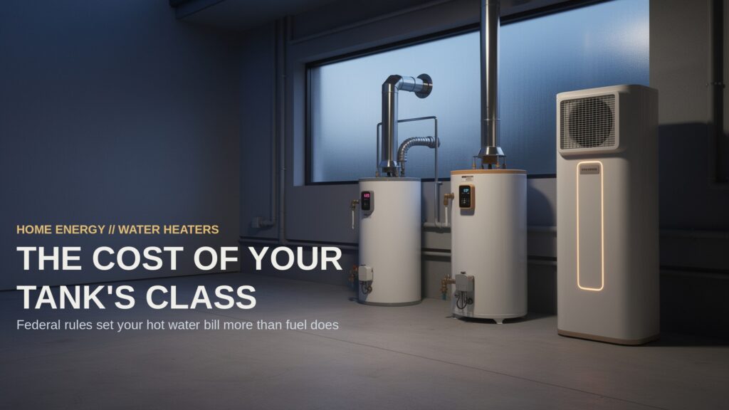 Three residential water heaters — two storage tanks and a taller heat pump unit — standing in a dim garage, lit by amber status lights.
