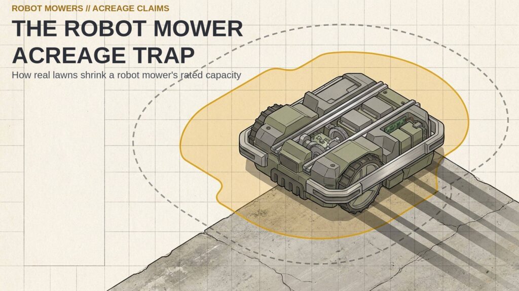 The Robot Mower Acreage Trap. Technical isometric cutaway of a robot mower on a terrain grid showing a reduced usable cutting area.