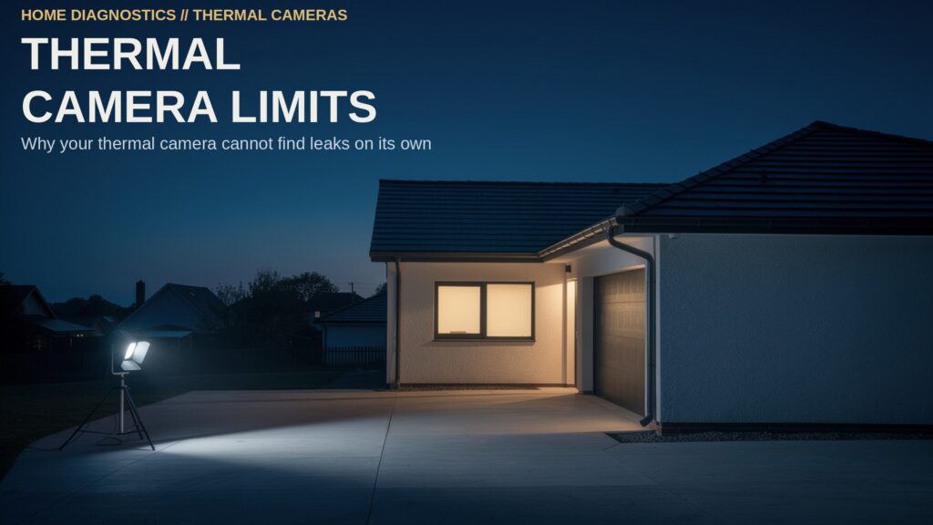 Thermal Camera Limits. A suburban house exterior at dusk with warm interior light contrasting against the cool twilight.