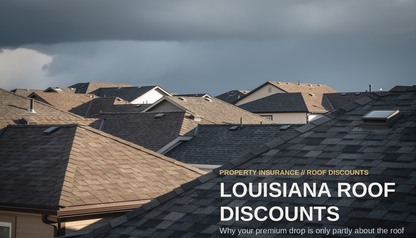 Louisiana Roof Discounts. Dense, overlapping residential rooftops with fortified shingles under a looming dark sky.
