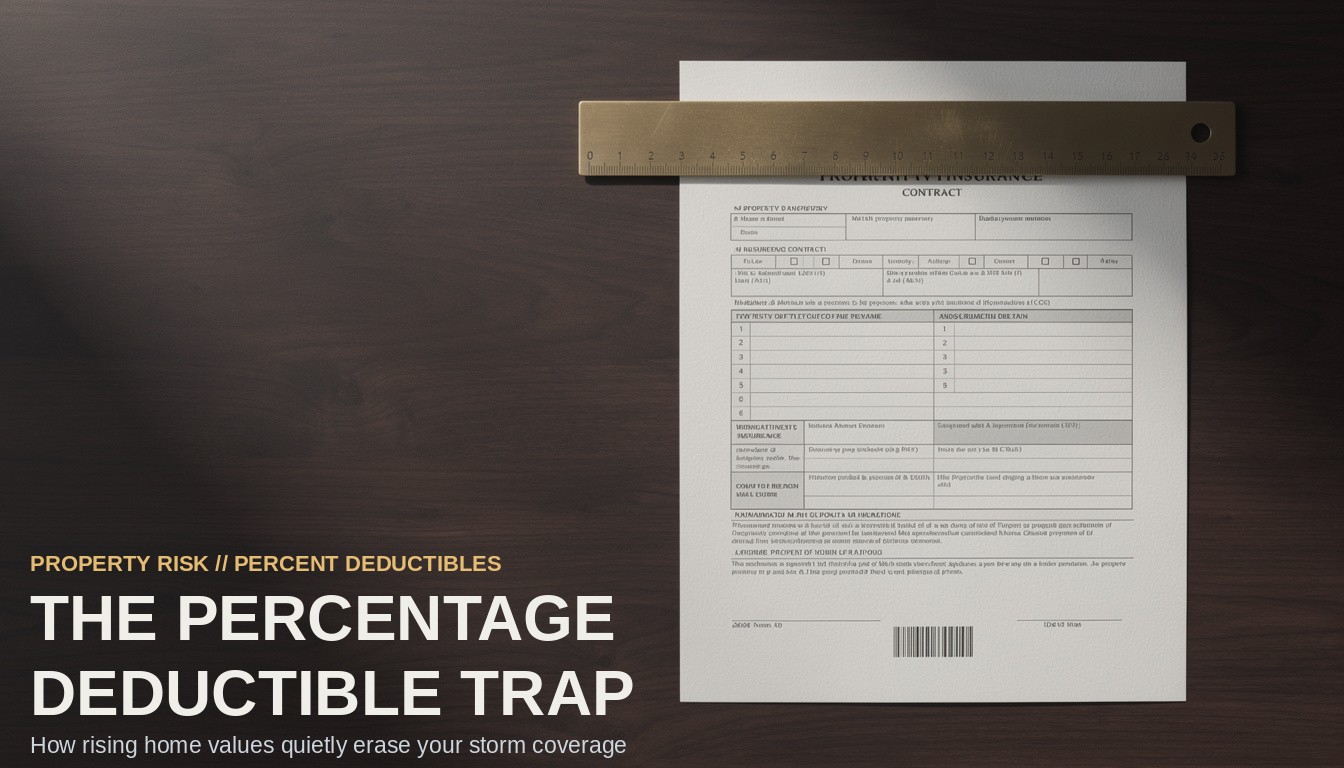 The Percentage Deductible Trap. An overhead view of a property insurance document pressed under a heavy brass ruler on a