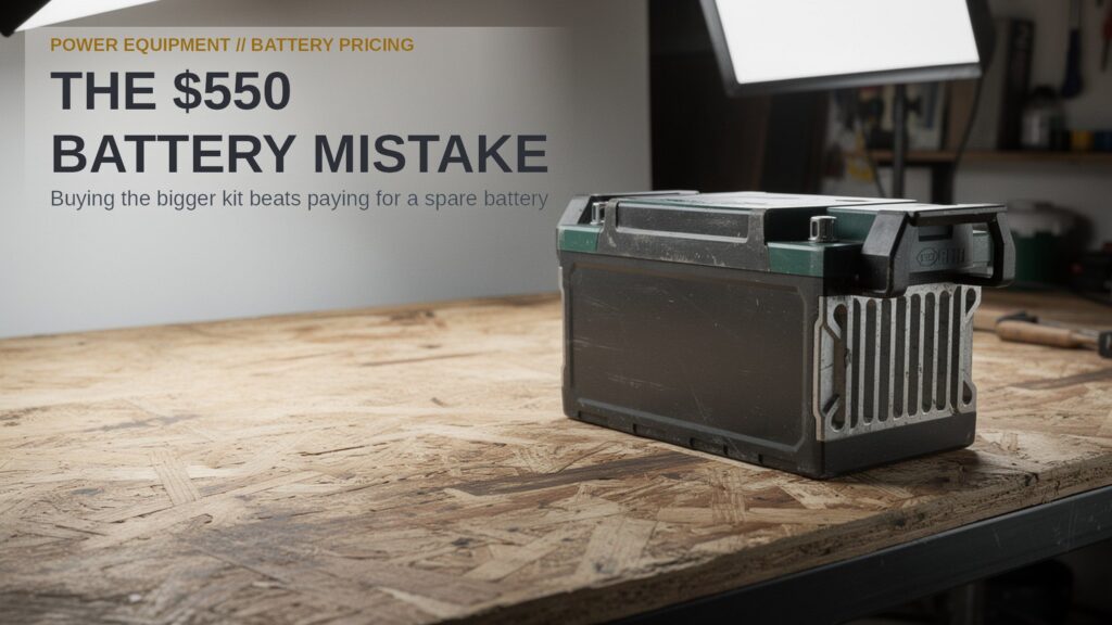 The $550 Battery Mistake. A heavy-duty outdoor power equipment battery pack sitting on a plywood workbench.