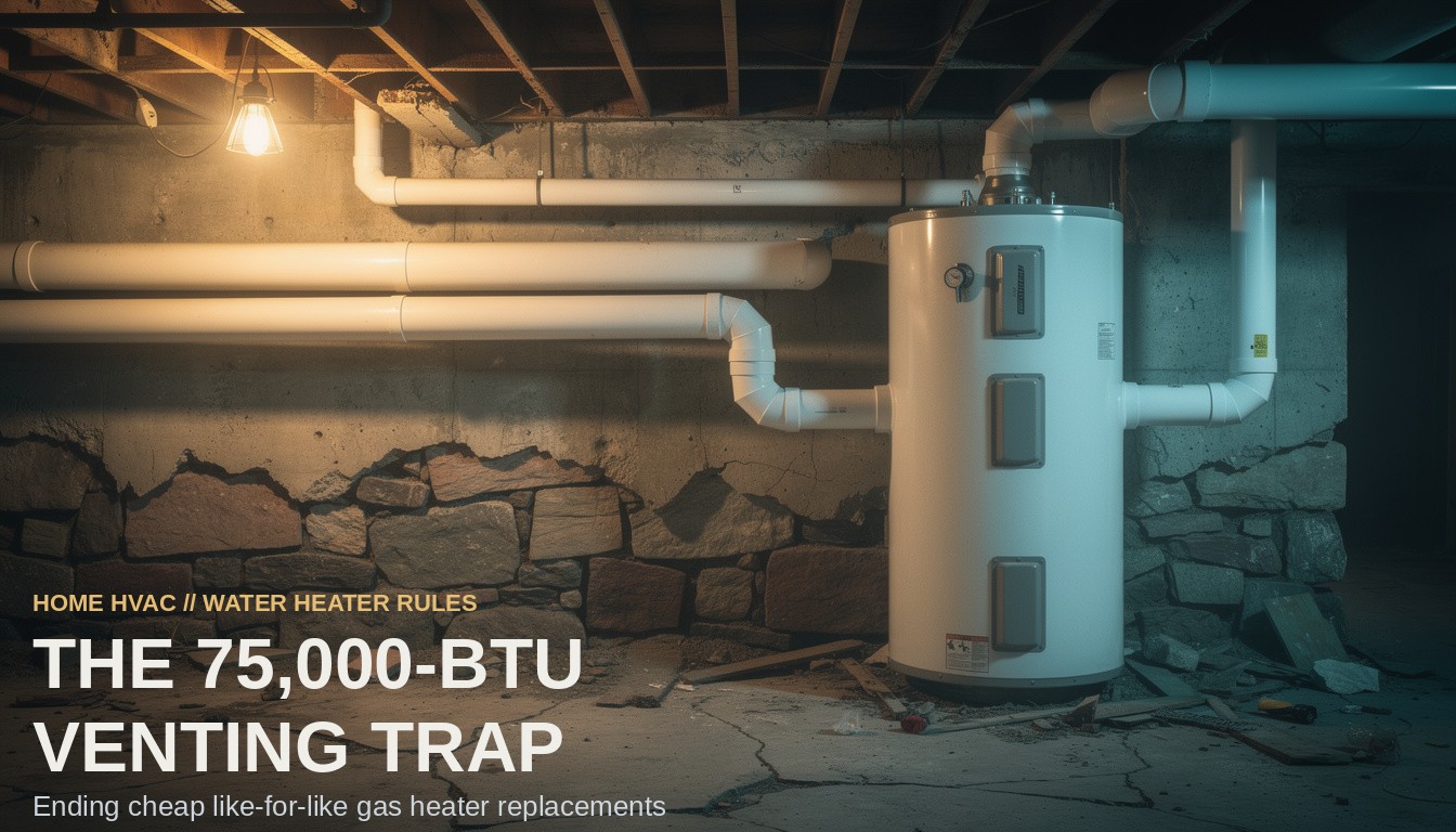 The 75,000-Btu Venting Trap. A large modern condensing water heater with thick white PVC venting pipes in a dimly lit