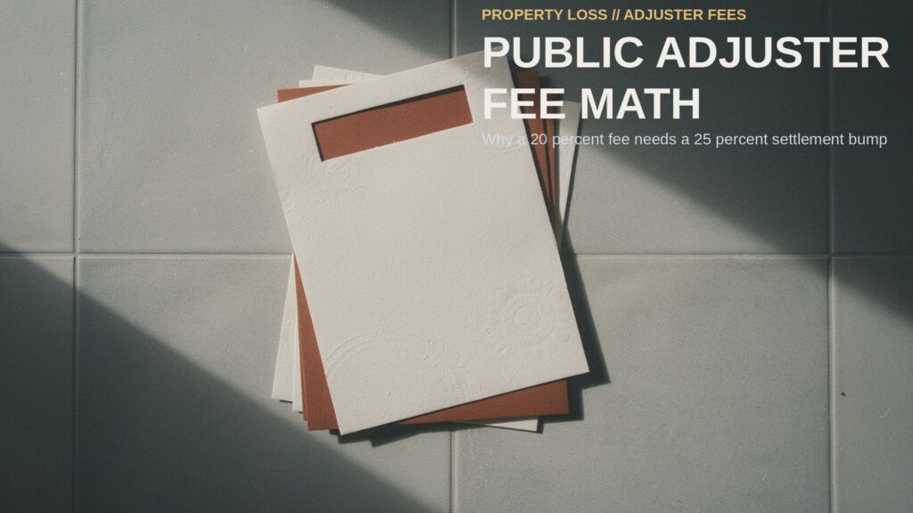 Blank embossed contract sheets with a rectangular section cut away, stacked on a grey tiled counter in raking window light.