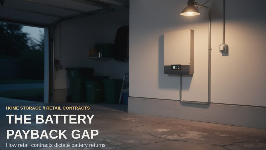 The Battery Payback Gap. A modern wall-mounted home battery glowing softly in a dimly lit residential garage.