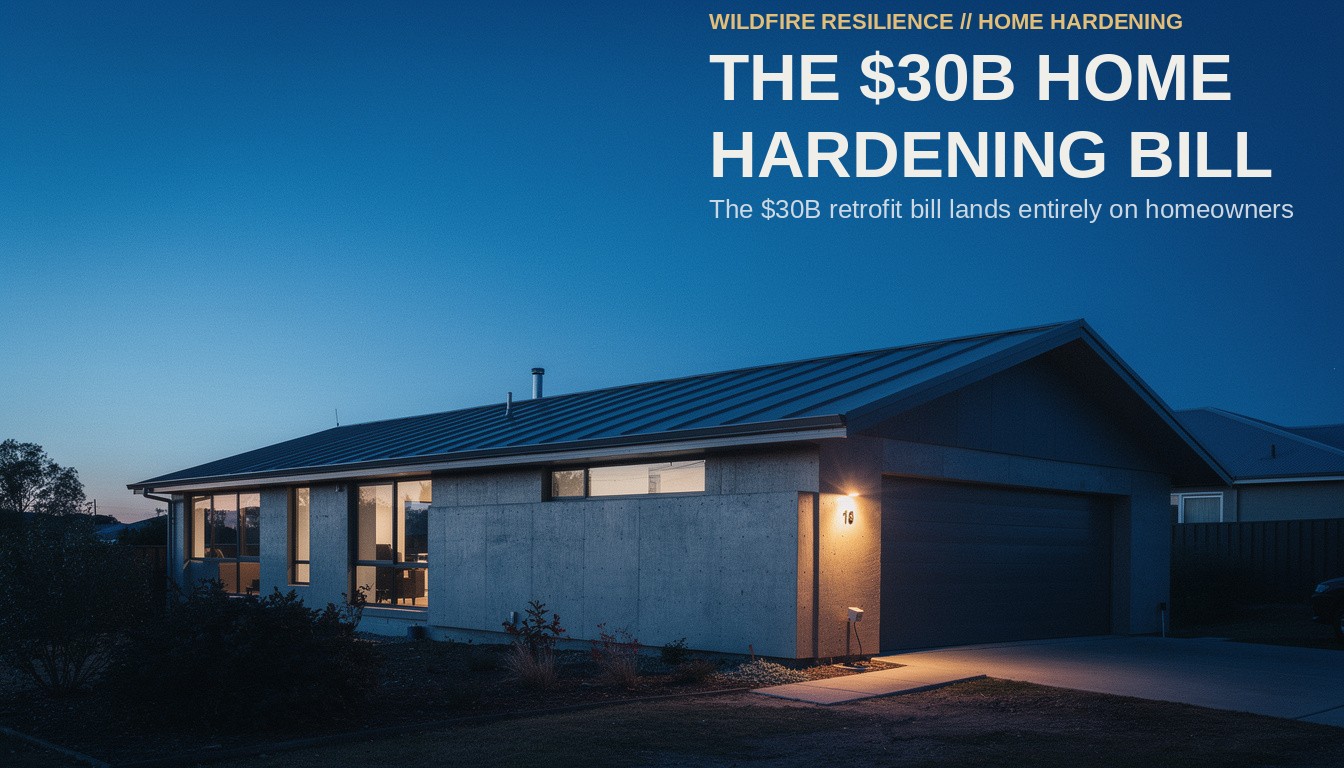 The $30B Home Hardening Bill. A fire-hardened modern house exterior illuminated by a single warm worklight against a dark