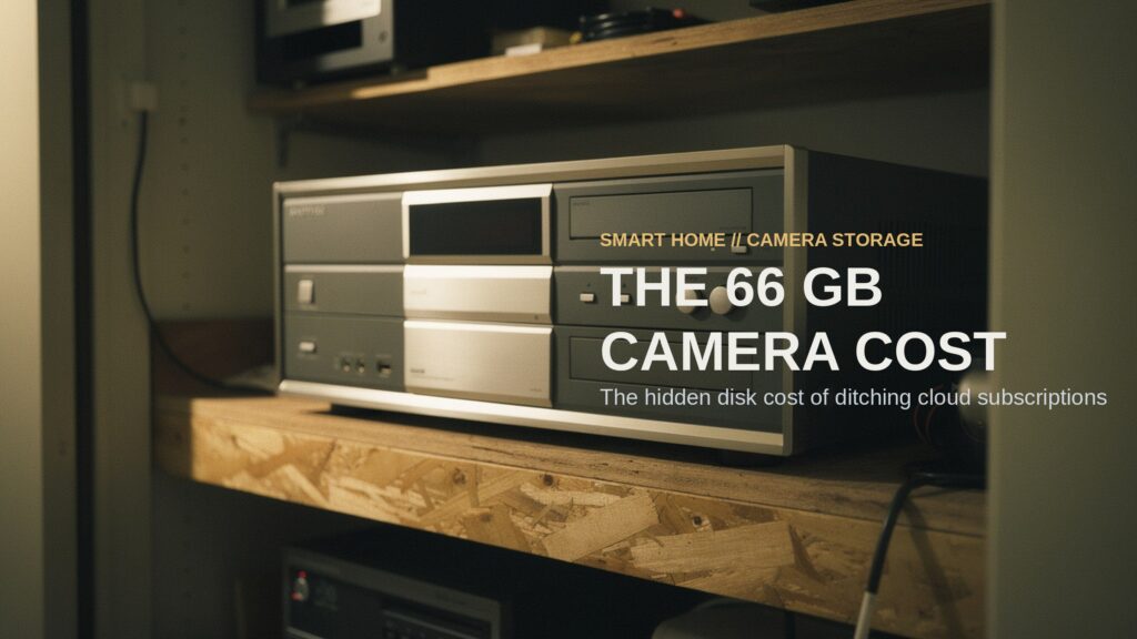 A heavy multi-bay video recorder sits on a plywood shelf in a dimly lit utility closet.