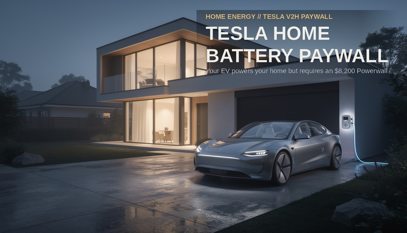 Tesla Home Battery Paywall. An unbranded electric vehicle parked on a driveway at night, glowing umbilical cable to house.