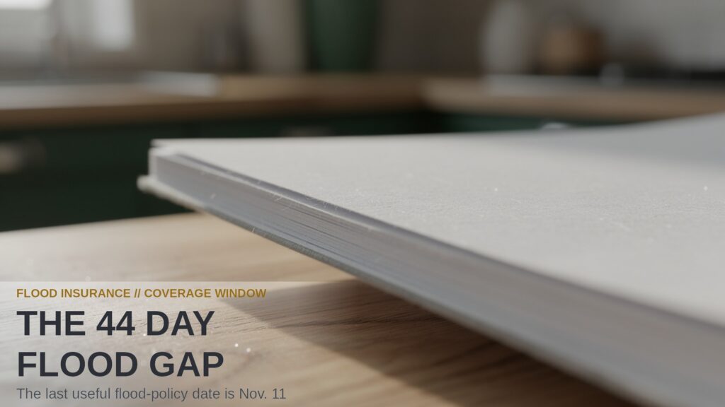 The 44 Day Flood Gap. Close-up of a textured home insurance policy document on a timber surface.