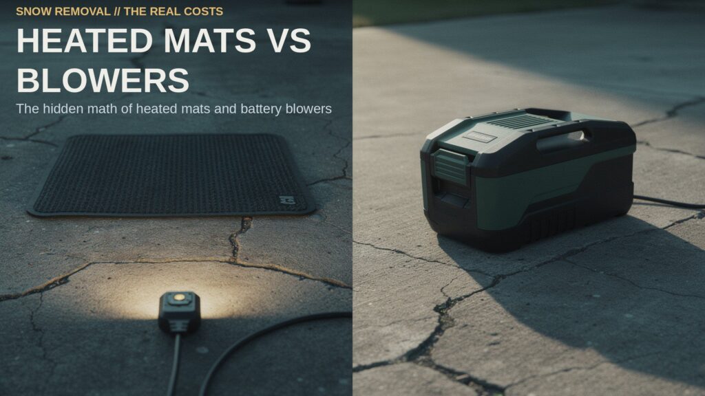 Heated Mats Vs Blowers. A split view showing a rubber heated snow mat on concrete next to a power equipment battery pack.