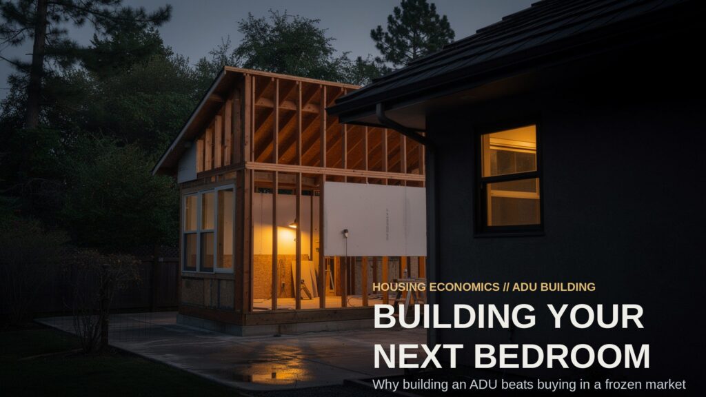 A freshly framed residential accessory dwelling unit glows warmly from a work light at dusk behind a darkened main house.