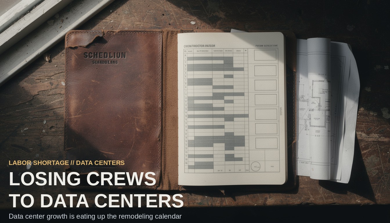 Losing Crews To Data Centers. A leather-bound contractor ledger heavily marked with timeline blocks rests on a wooden desk