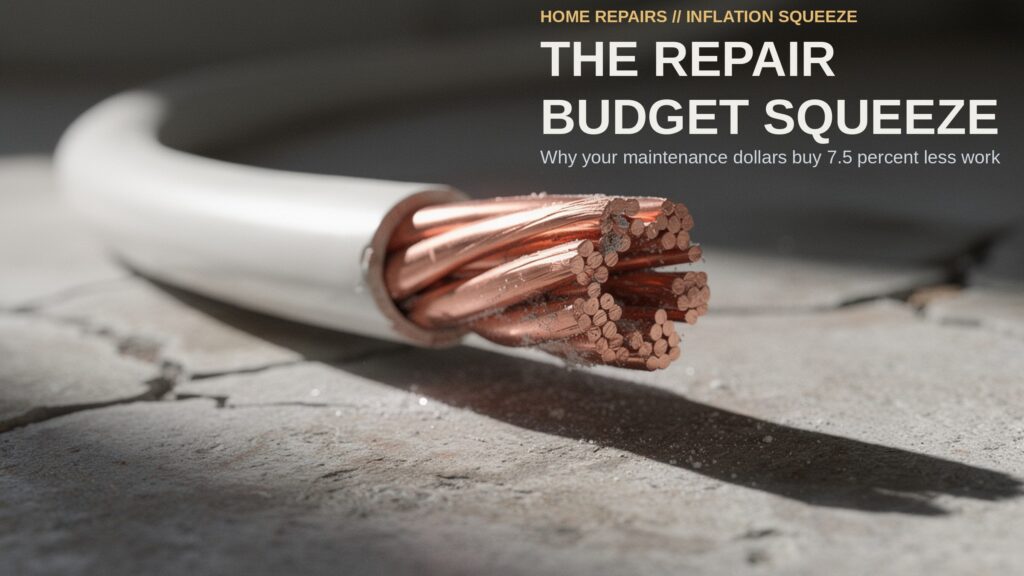A cleanly severed heavy-gauge residential copper electrical cable resting on a weathered concrete floor in sharp macro focus.