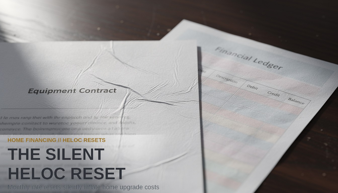 The Silent HELOC Reset. Two contrasting financial documents overlapping on a dark wooden desk.
